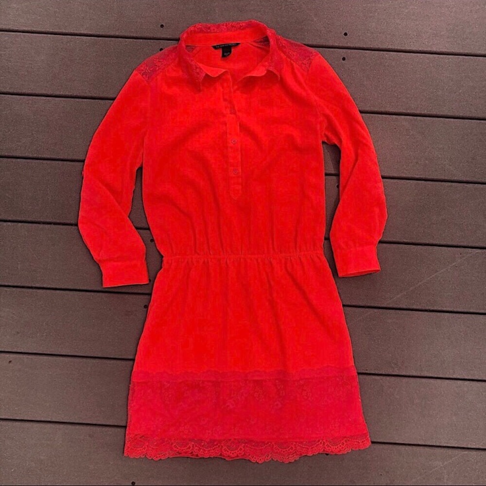 Victoria’s Secret Black Label Neon Coral Red Button Lace Hem Shirt Dress